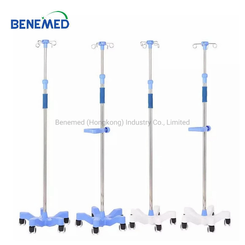 4 Hooks Adjustable Stainless Steel Hospital Furniture Infusion IV Serum Stand with Wheels