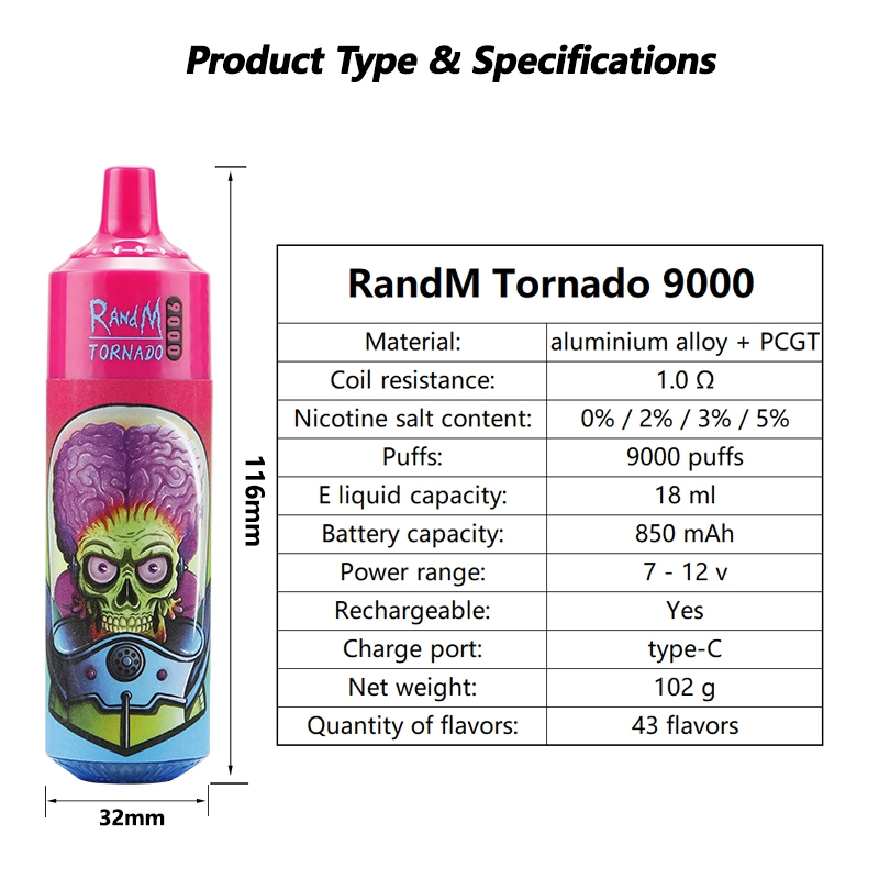 43 Flavors Original Randm Tornado 9000 Puffs Disposable/Chargeable Vape Pen 0% 2% 3% 5% Flashing RGB Tank Design 850mAh Type-C Rechargeable Disposable/Chargeable vape