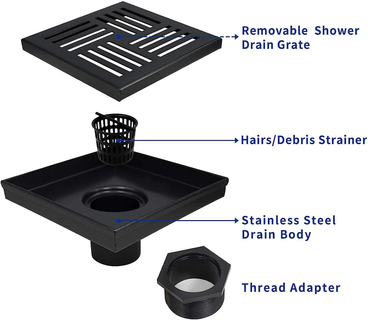 Square Shower Drain Black/304 Stainless Steel with Removable Drain Grate Stainless Drain