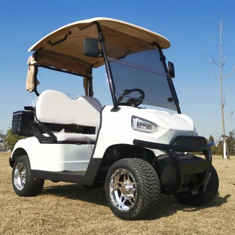 Voiturette de golf à 2 places surélevée avec sièges pliants.