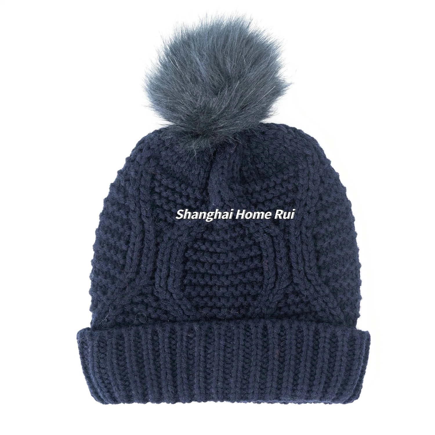 Women Warm Soft Thick Slouchy Chunky Acrylic Fold Edge Black Navy Fur Pompom Knitted Cable Bonnet Casual Beanie Hat