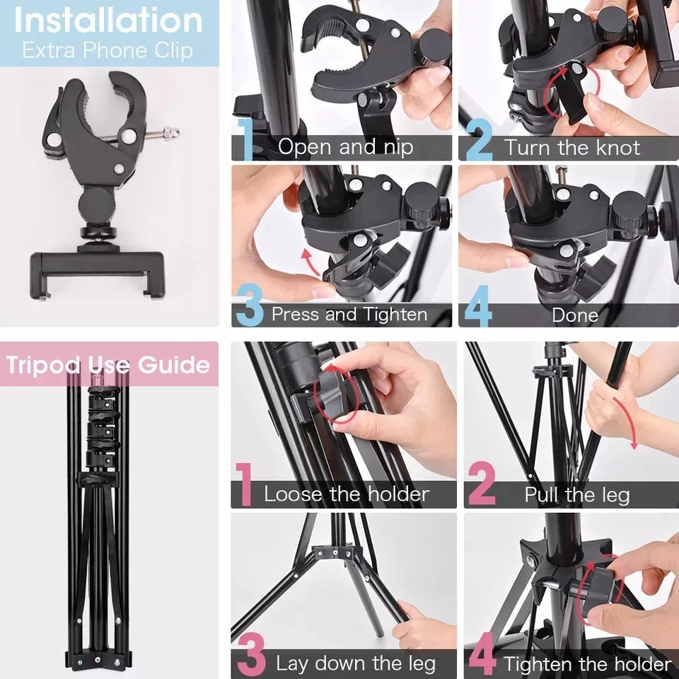 Selfie Tripod Stand with LED Lights, Dual Phone Holders, Adjustable Height and Lighting for Recording, Makeup & Photography