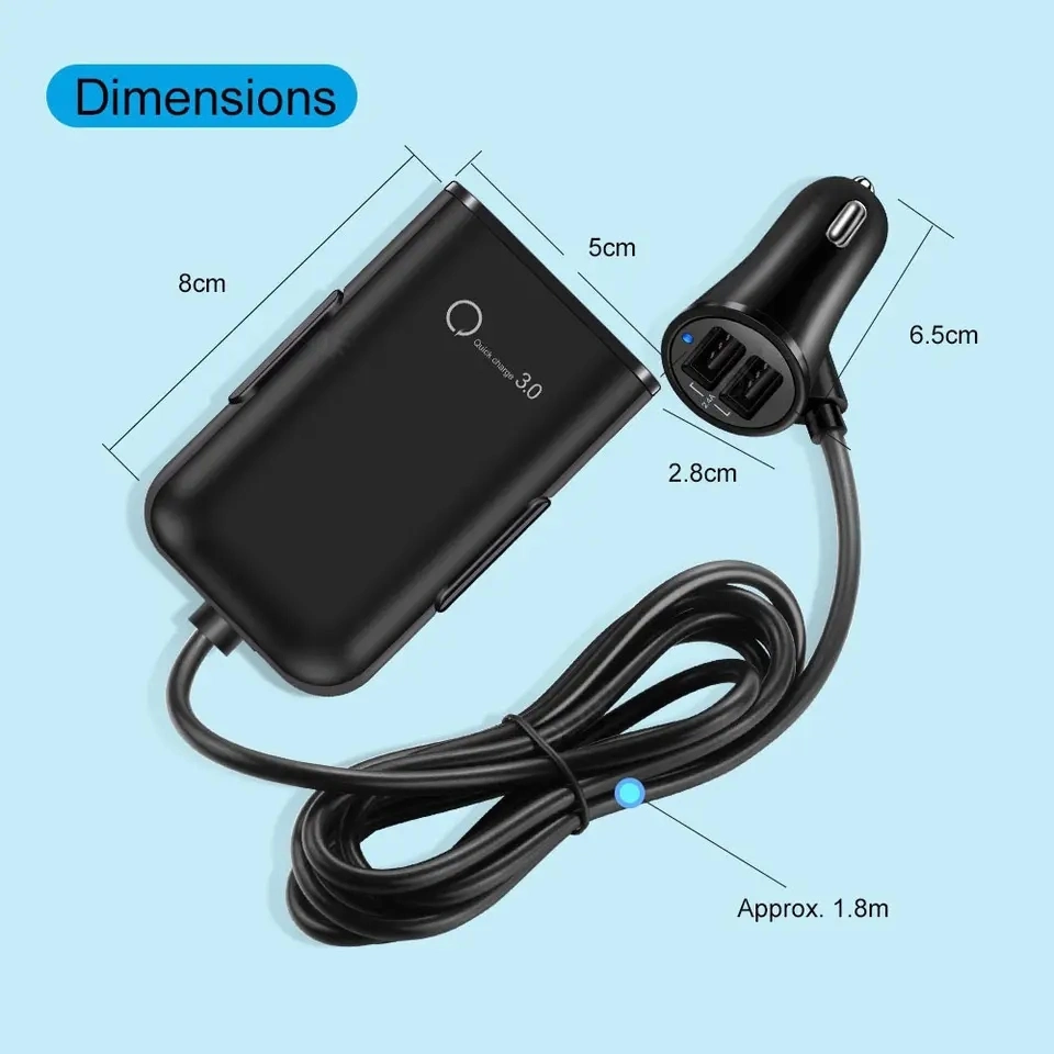 4 USB Quick Super Fast Car Charger 36W 8A 1.8m Universal Mobile Phone Tablet PC Travel Car Charger Adapter