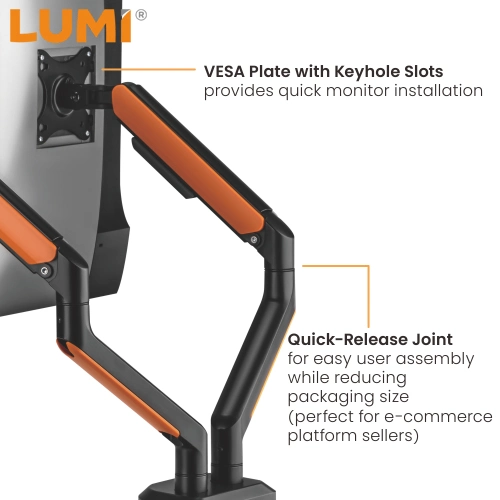 LUMI OEM ODM Dual Office Desk Mount Adjustable Computer Monitor Arm with RGB Lighting