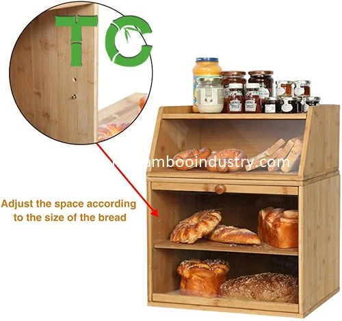Bambú separables doble grande Caja de pan de almacenamiento con compartimento ajustable para la encimera de cocina