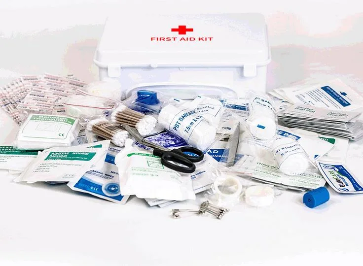 Botiquín de primeros auxilios en caja de plástico blanco con 34 tipos de 250 componentes. Botiquín de primeros auxilios con caja exterior para colgar en la pared.
