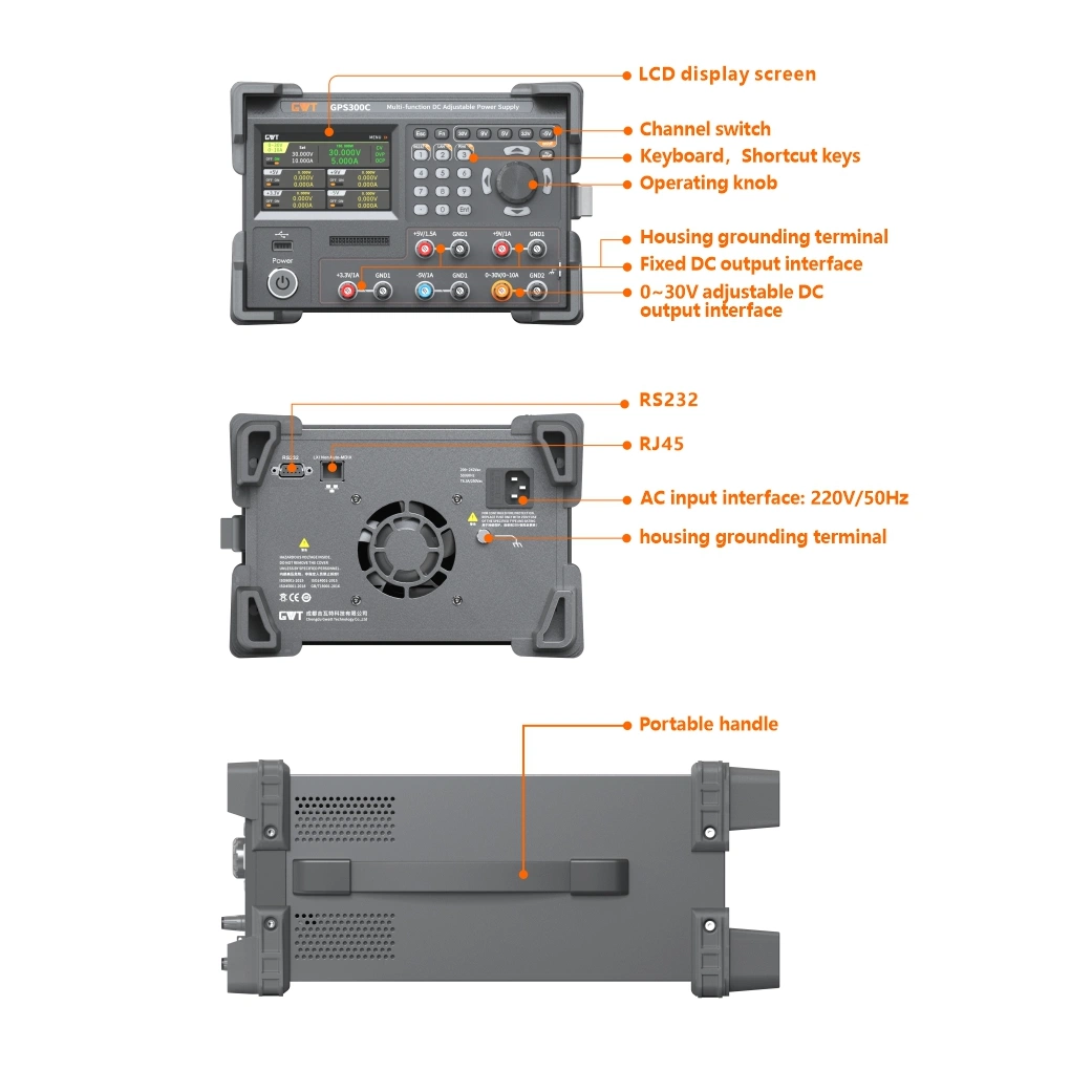 GPS300A Alimentation CC programmable à 5 canaux de sortie de 330 watts, 1 canal de 30V/10A avec port USB.