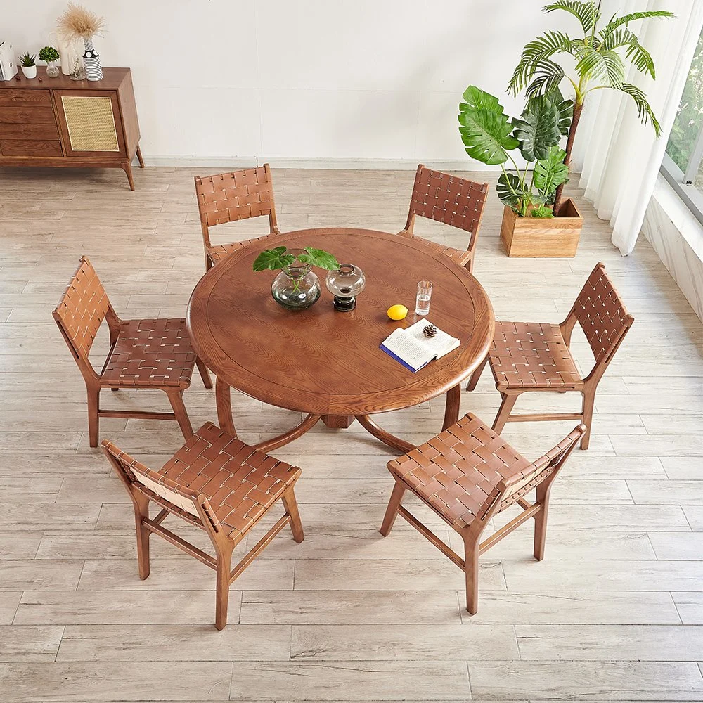 Home Wood Round Table Unfolded Brown Restaurant Chair 6 Seats Dining Table Set