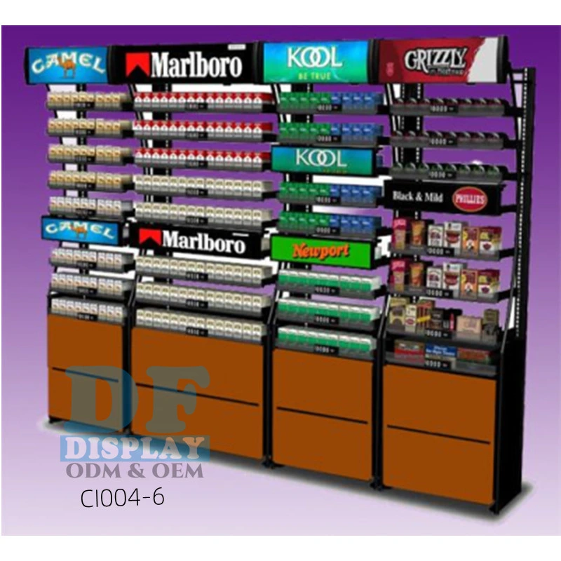 Loja de conveniência Counter Gravity Acrílica Purificador de cigarros, prateleiras de Exibição de cigarros Piso de tela de metal para supermercado com armário