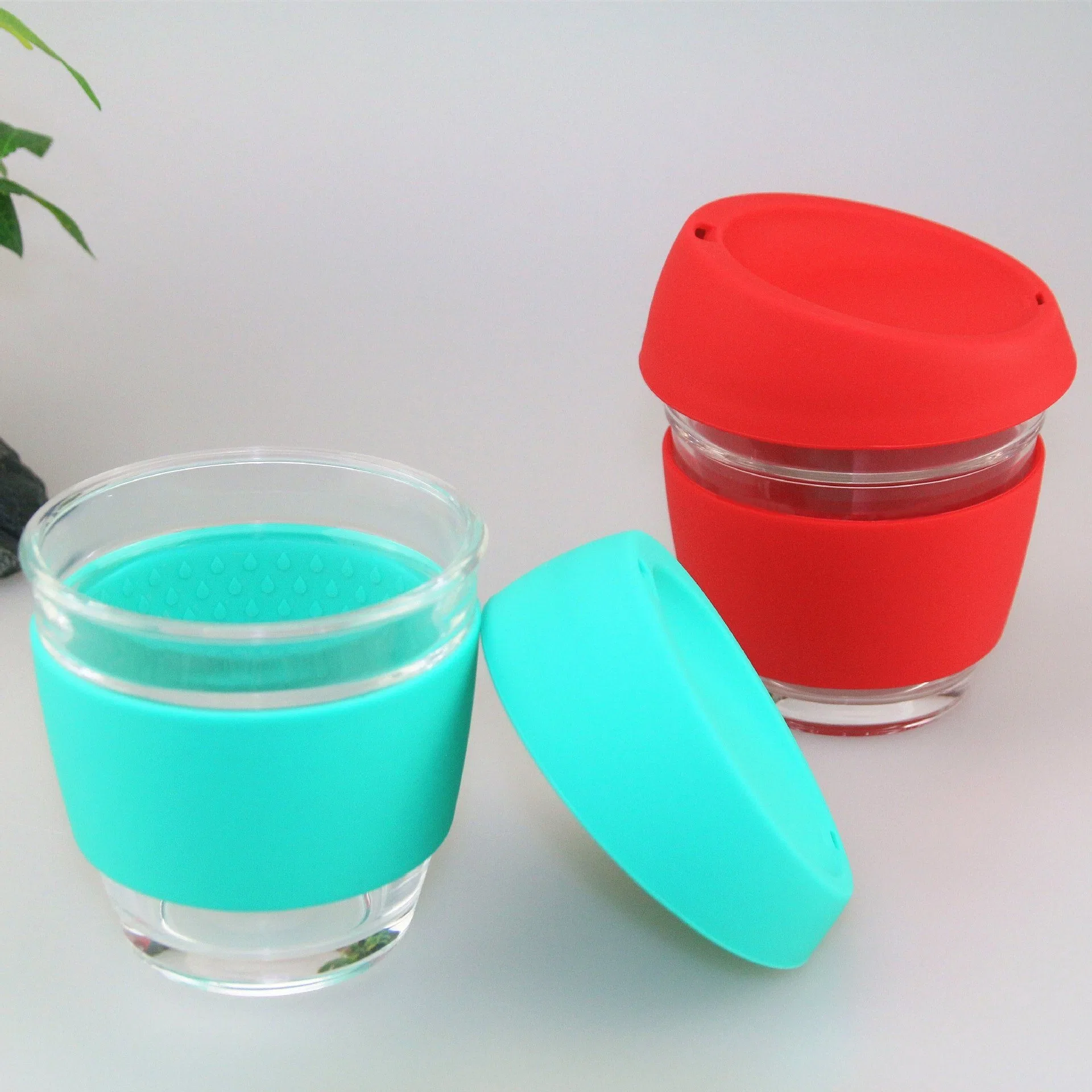 Tasse à café réutilisable en verre avec couvercle en silicone isolant et couvercle en verre Mi17208