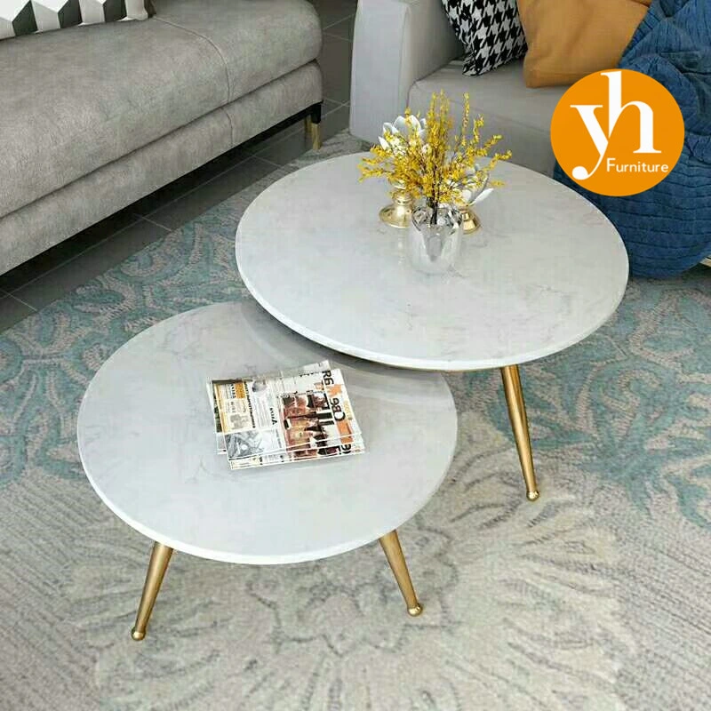 White Gold Wedding Coffee Table Luxury Modern Round Marble Brass Metal Base