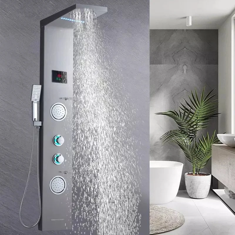 LED Shower Panel Bathroom Wall Mounted Stainless Steel Waterfall Brushed Shower Column Set Tower Massage Body Jets LED Shower Panels