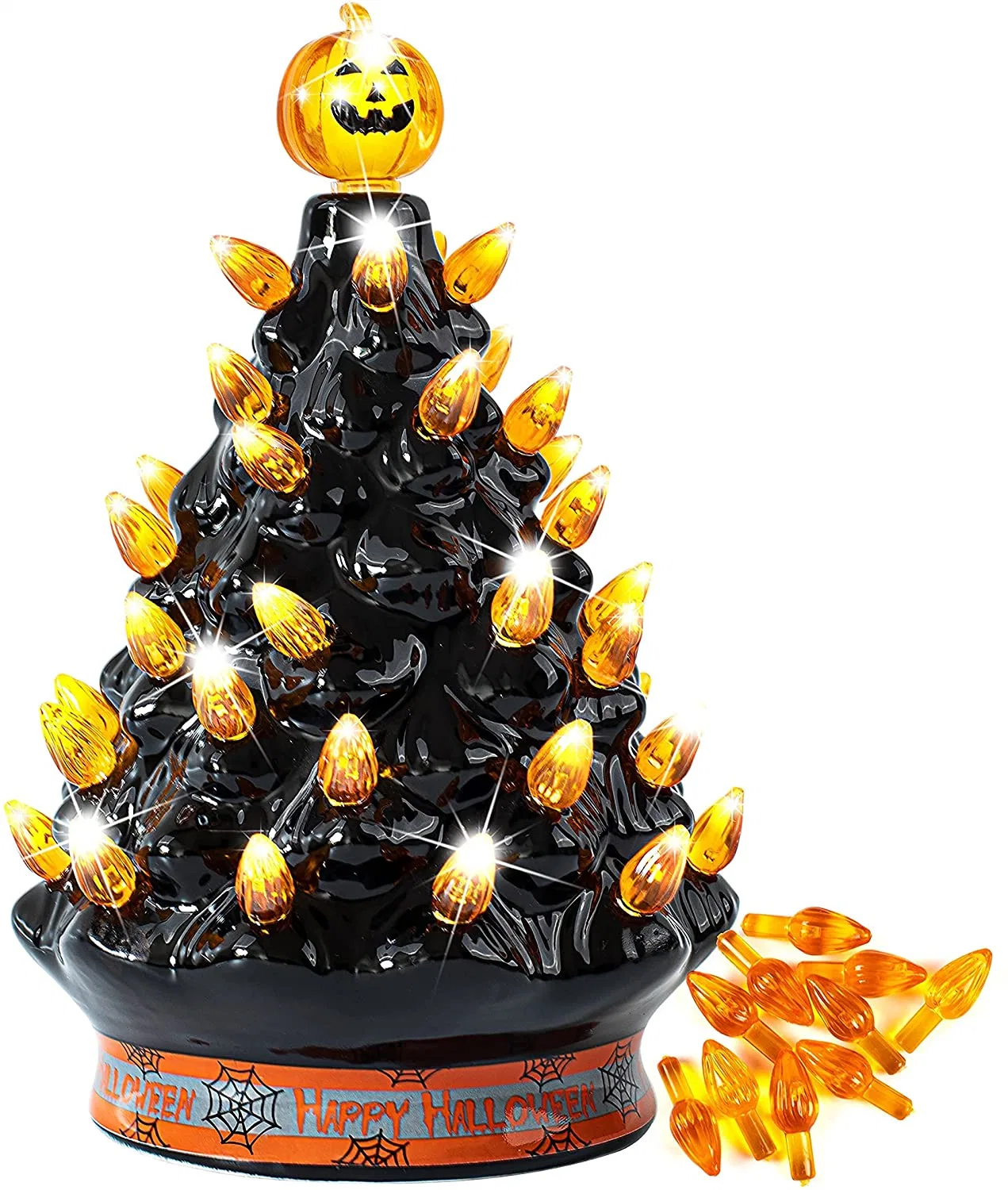 Halloween Pre-Lit Ceramic Tabletop Tree Halloween Ceramic Tree Decoration with Orange Bulb Lights & Pumpkin Head Topper for Halloween D&eacute;cor for Promotion