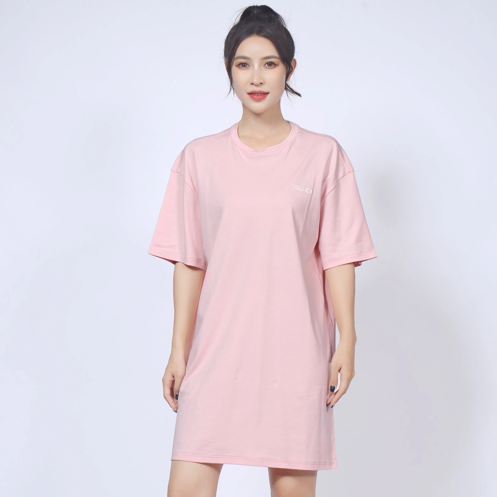 Pink Loose Style Comfortable Home Print Ladies Short Skirt Short Sleeve Round Neck T-Shirt Girl&prime; S Dress Women&prime; S Clothing