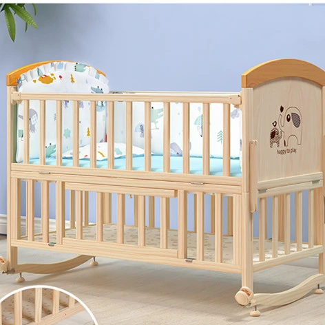 Pine Solid Wood Children's Crib Solid Wood Baby Furniture Cradle Baby Cot with Netting