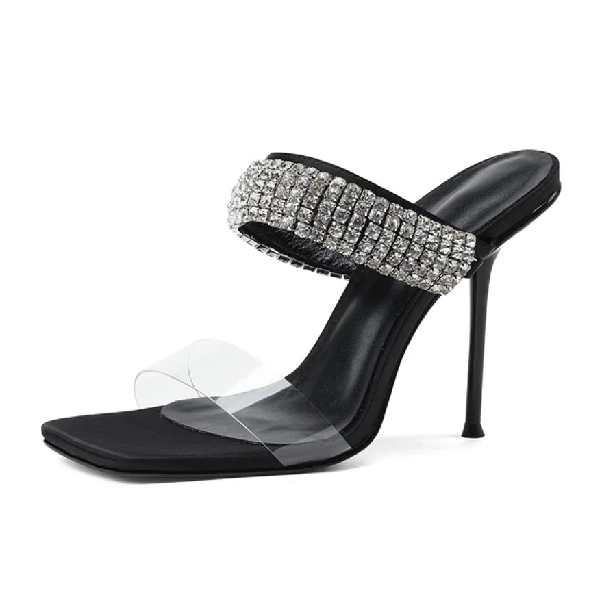 Fashion Sexy Ladies Shoes PVC Rhinestones Women Slippers High Heel Black Sandals