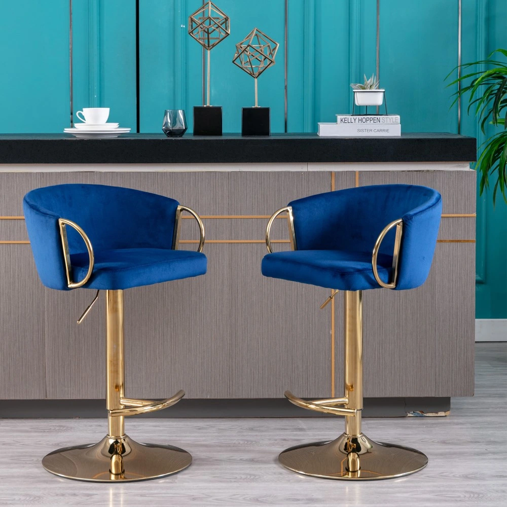 Modern Adjustable Bar Stools with Swivel Bar Chair with Golden Chrome Footrest, Base, Velvet, Set of 2, Blue