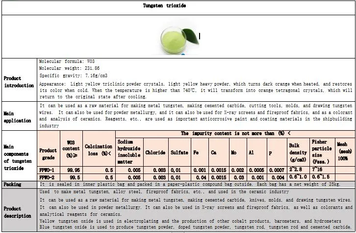 Wo3 Tungsten Oxide Powder Metallurgy
