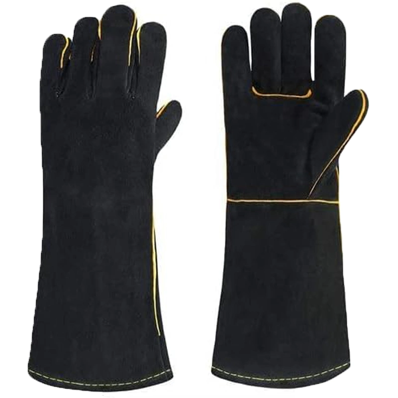 Gants de soudage en cuir noir, résistants à la chaleur/au feu, pour TIG, MIG, barbecue, four, grill, cheminée, cuisson, fourneau, porte-casserole, soudeur, gant de manipulation d'animaux.