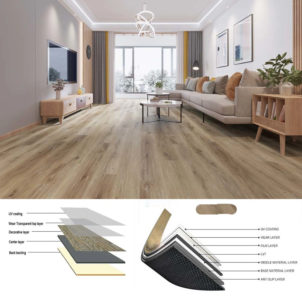 Muestra gratuita 5 mm Piso comercial Mayoreo Piso suelto PVC plástico PVC LVT Tablón de pisos con capa inferior