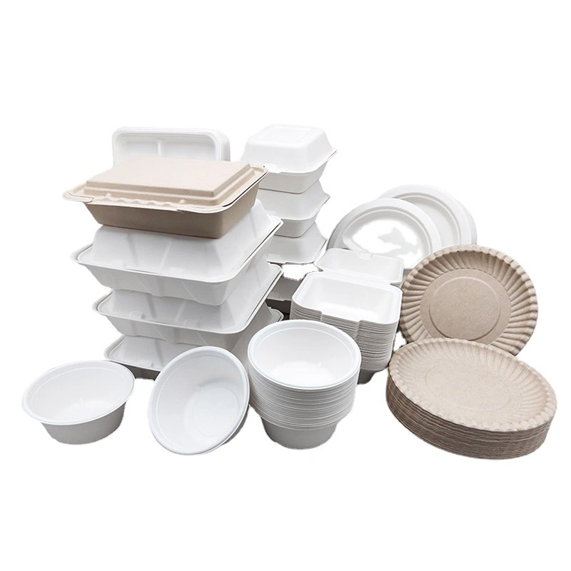 8" 3 compartimentos Clamshell desechable degradable Sugarcane bagasse Kitchen Ware Vajilla Alimentos biodegradables Cubertería de comida de China