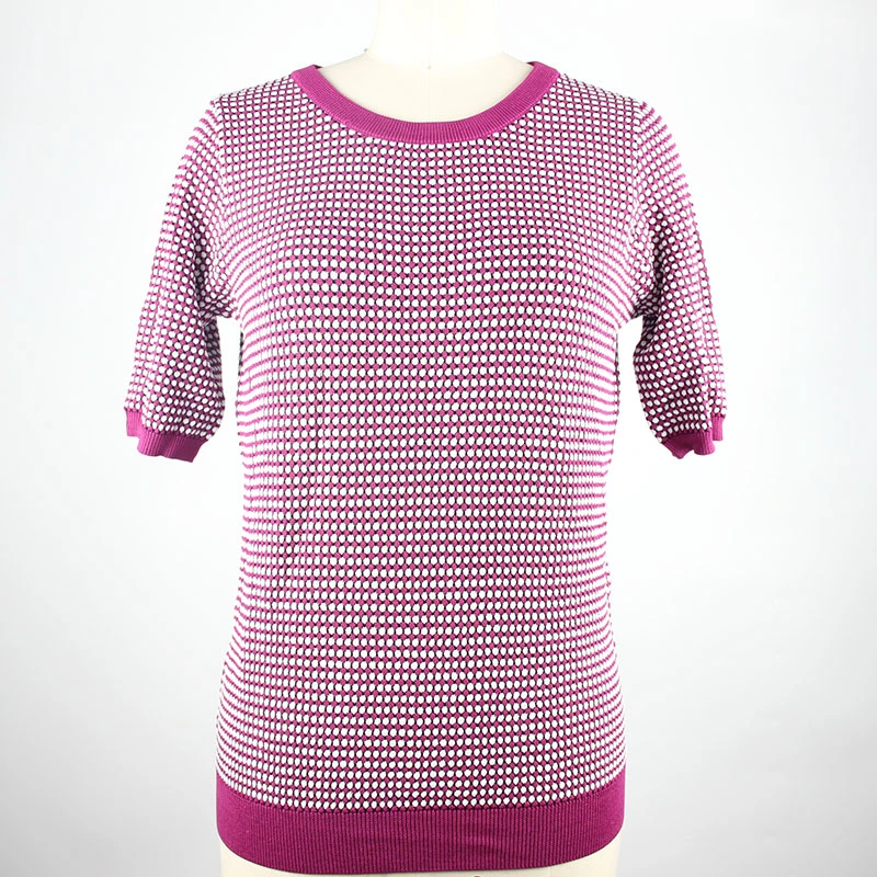 Contrast Colour Ladies Knitted Pullover Women Knitting Short Sleeve Jacquard Sweater