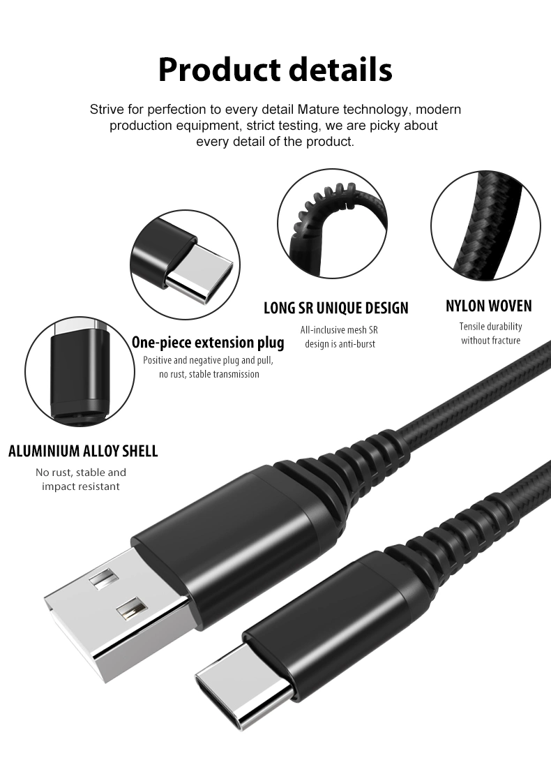 Phone Charger Cable USB 2.0 to Type C Cable Fast Charging Data USB C Connector 3A Current Android Cable