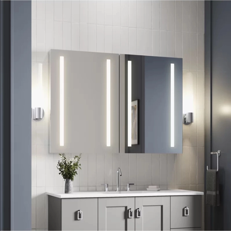 Advanced Furniture Bathroom Kitchen Single Double Door Frontlit Mirror Cabinet with Tempered Glass Shelf