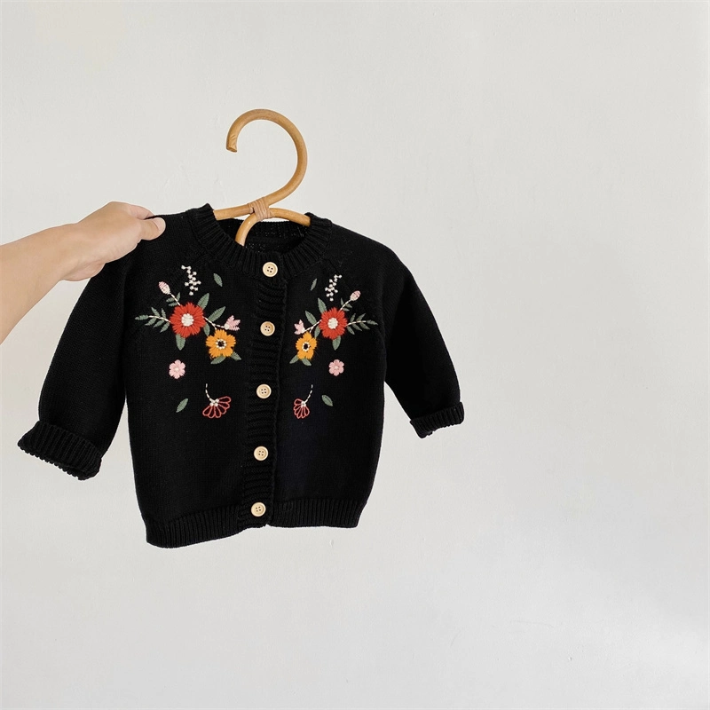 2022 New Spring and Autumn Clothing Baby Girl Children Flower Embroidered Cotton Yarn Knitted Sweater Long Sleeve Coat