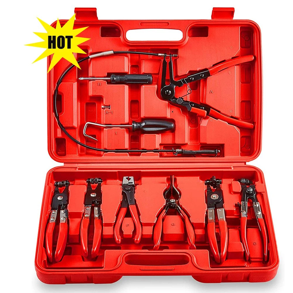 Wire Long Reach Hose Clamp Pliers Set with 9PCS Clamp Pliers Fuel Oil Water Hose Auto Tools Part for Replacement of Fuel, Oil and Water Hose, Removal and Locki