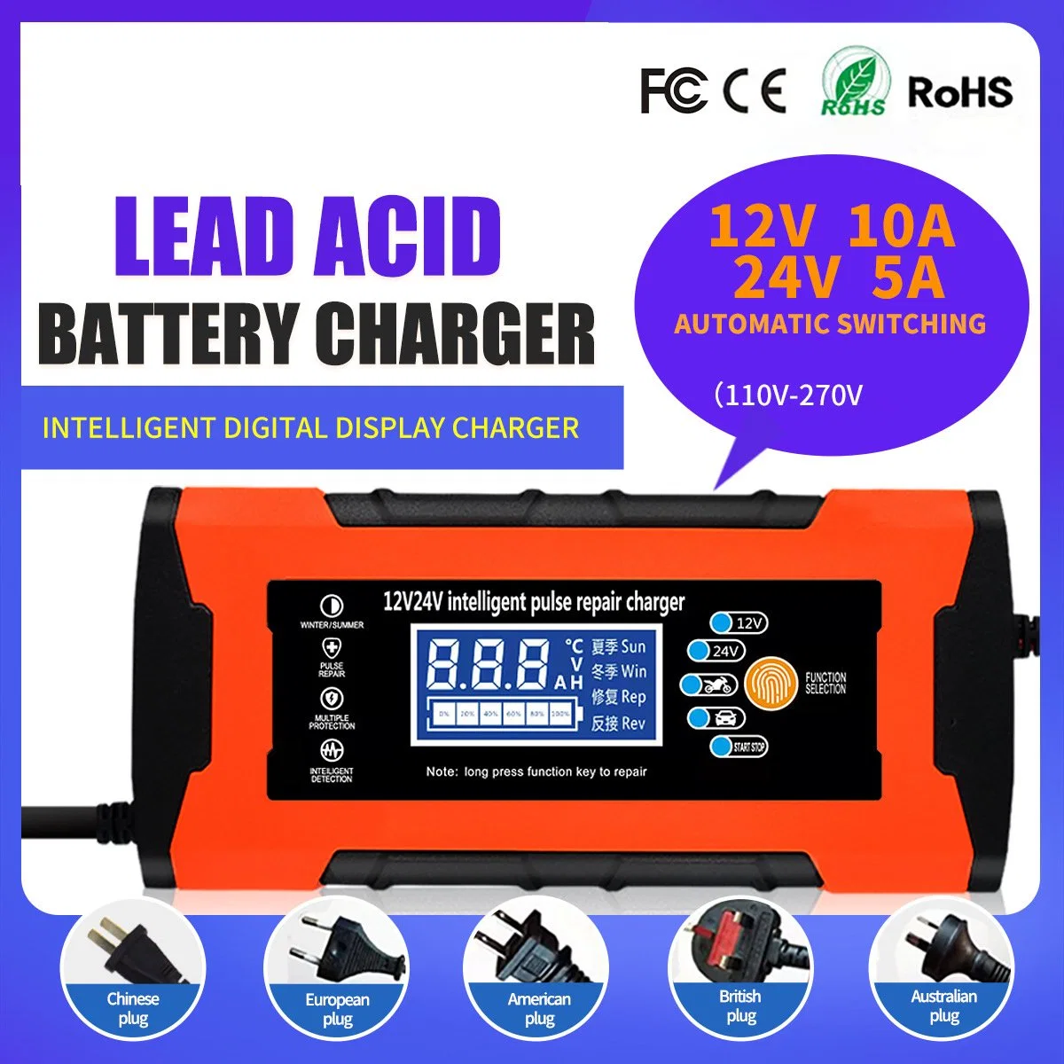 Auto Motorcycle Battery Smart Pulse Repair Car Battery Charger 12V 24V