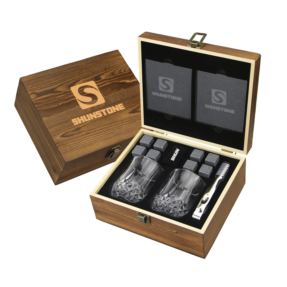 Best Seller Premium Großhandel/Lieferant maßgeschneiderte Whiskey Steine mit Geschenkbox Mit 2 Kristallglas Tassen für Wein Kaffee Geist Champange Geschenk für Männer