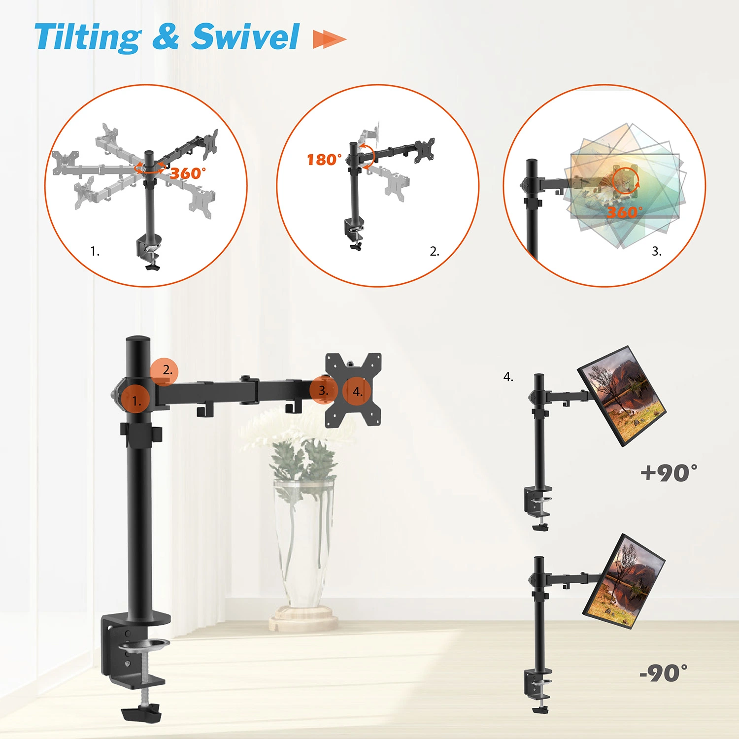 Support de montage de bureau réglable pour écran d'ordinateur LCD à bras unique, compatible avec les tailles de téléviseur de 10'' à 27''.