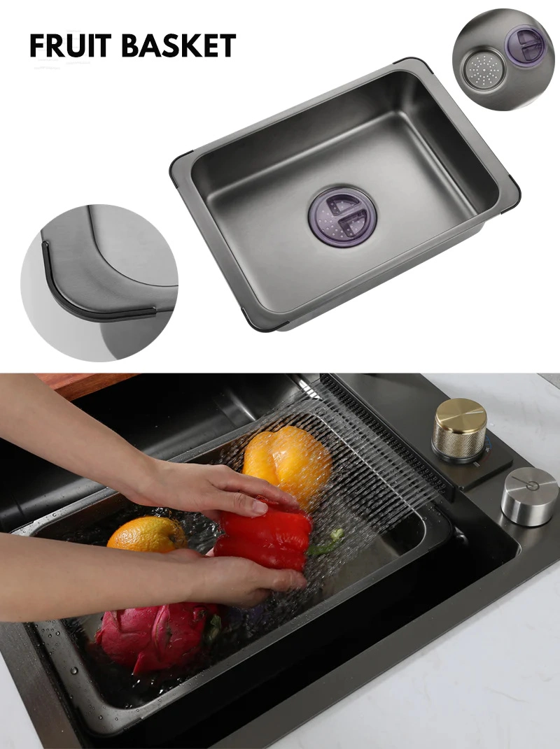 En todo el mundo Tiktok Venta caliente SUS Diseño del Modelo 304 Acero Inoxidable fregadero&amp;Cascada Grifo y lavadora de botellas de vidrio acabado gris metal Juegos de Cocina