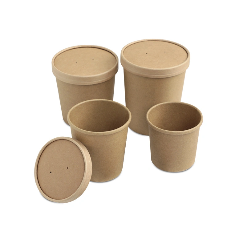 Custom White Round Disposable Paper Ice Cream Cup with Lid and Hot Drinking Spoon Soup Bowl Cups