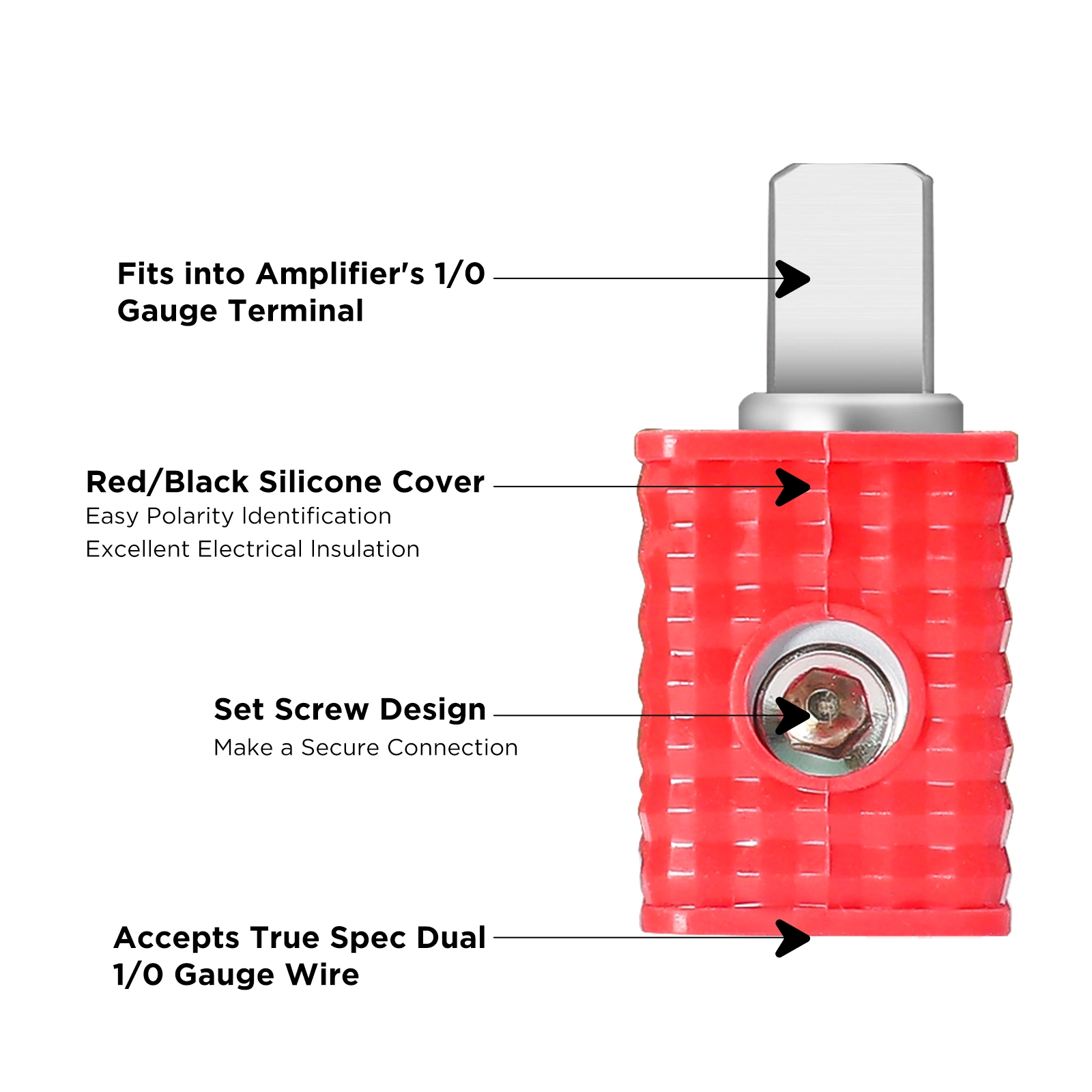 Wrd00 Amplifier Power/Ground Input Wire Gauge Reducer Brass Dual 1/0 Gauge to 1/0 Gauge with Red/Black Silicon Covers