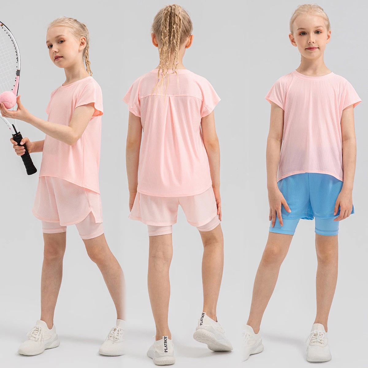 Shorts de sport 2 en 1 mignons et élégants pour filles, neufs de fabrique, séchage rapide, avec taille élastique personnalisable et poches sur la doublure intérieure