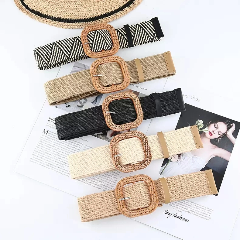 Women Girls PP Straw Braided Plastic Buckle Belts Vintage Knitted Waist Belt Woven Elastic Stretch Raffia Belt for Lady