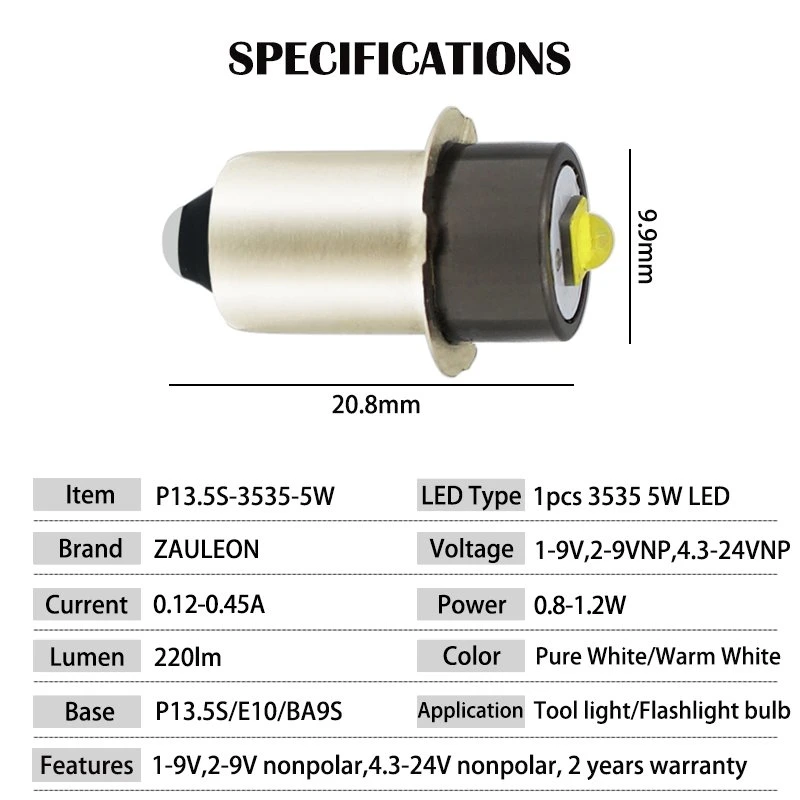 P13.5s Pr2 Mise à niveau de l'ampoule de lampe de poche LED LED 5W 4.3-24V pour lampe de travail LED Lampe d'outil