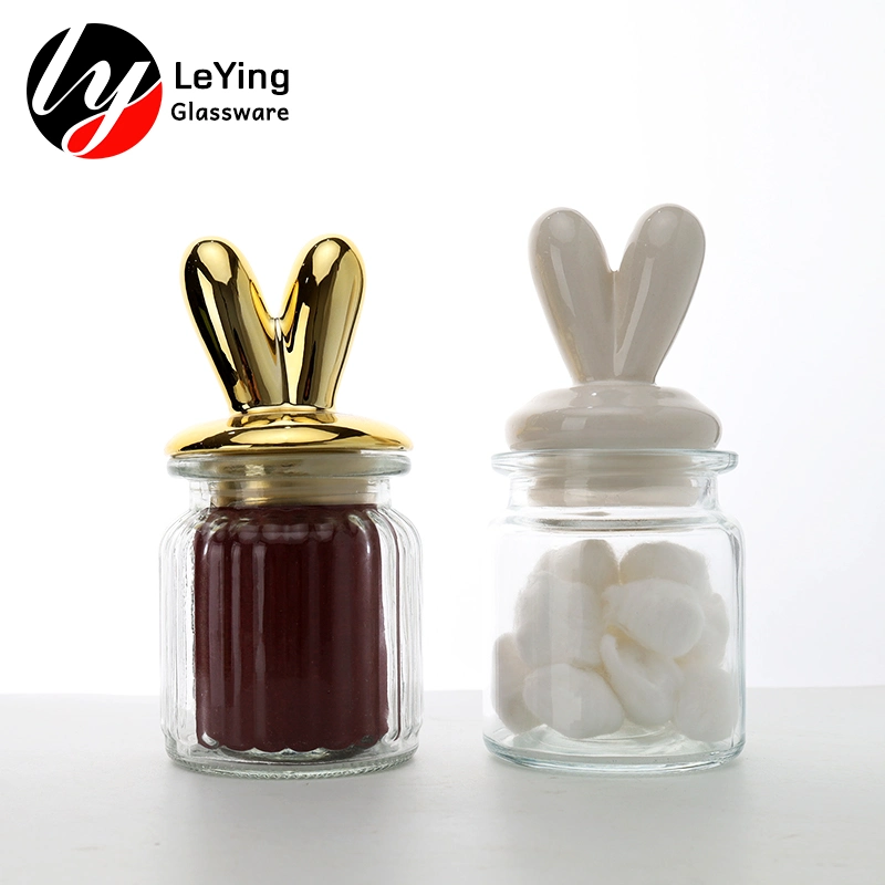 Supplier Cute Small Airtight Ceramic Seal Cap Glass Food Storage Jar Kitchenware Spice Bunny Jar