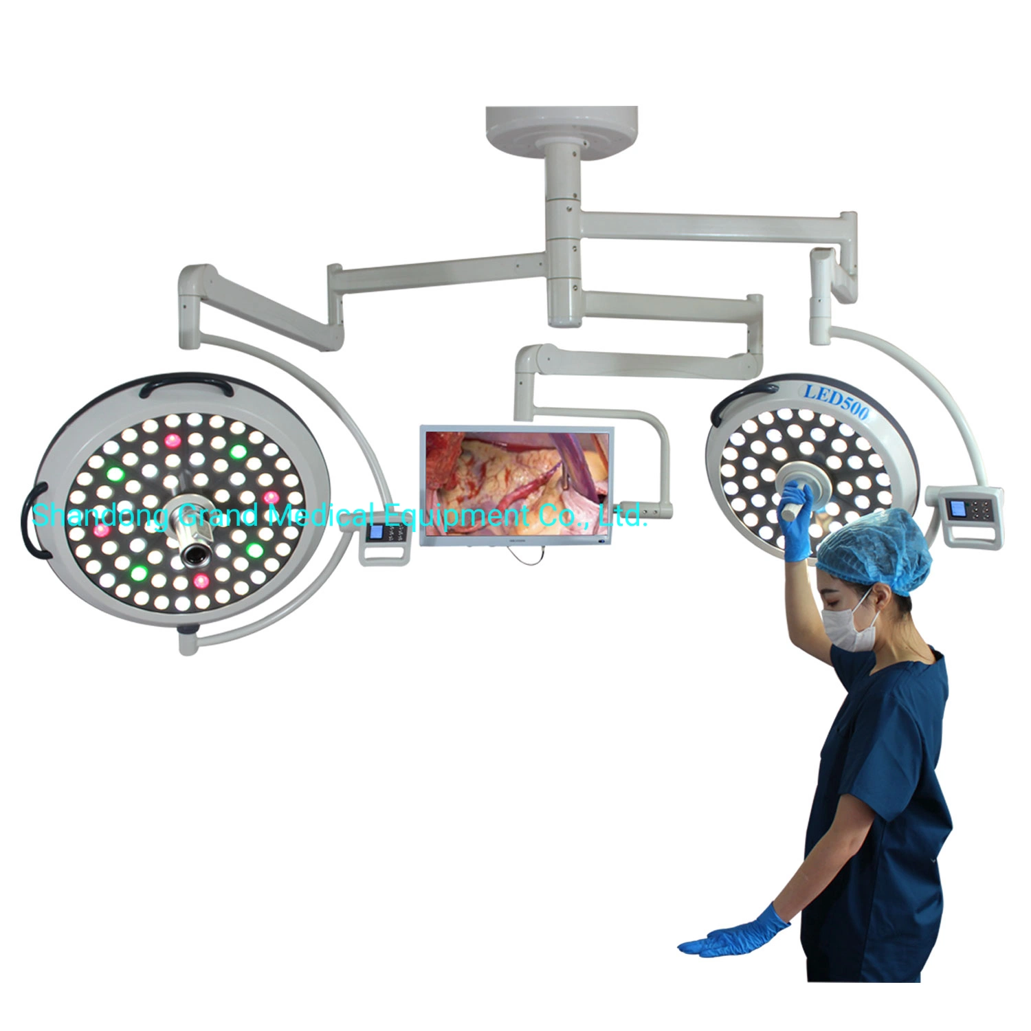 Hospital Manufacture Operating Room Lighting System Double Dome Ceiling Mount Shadowless LED Surgical Light with TV Camera