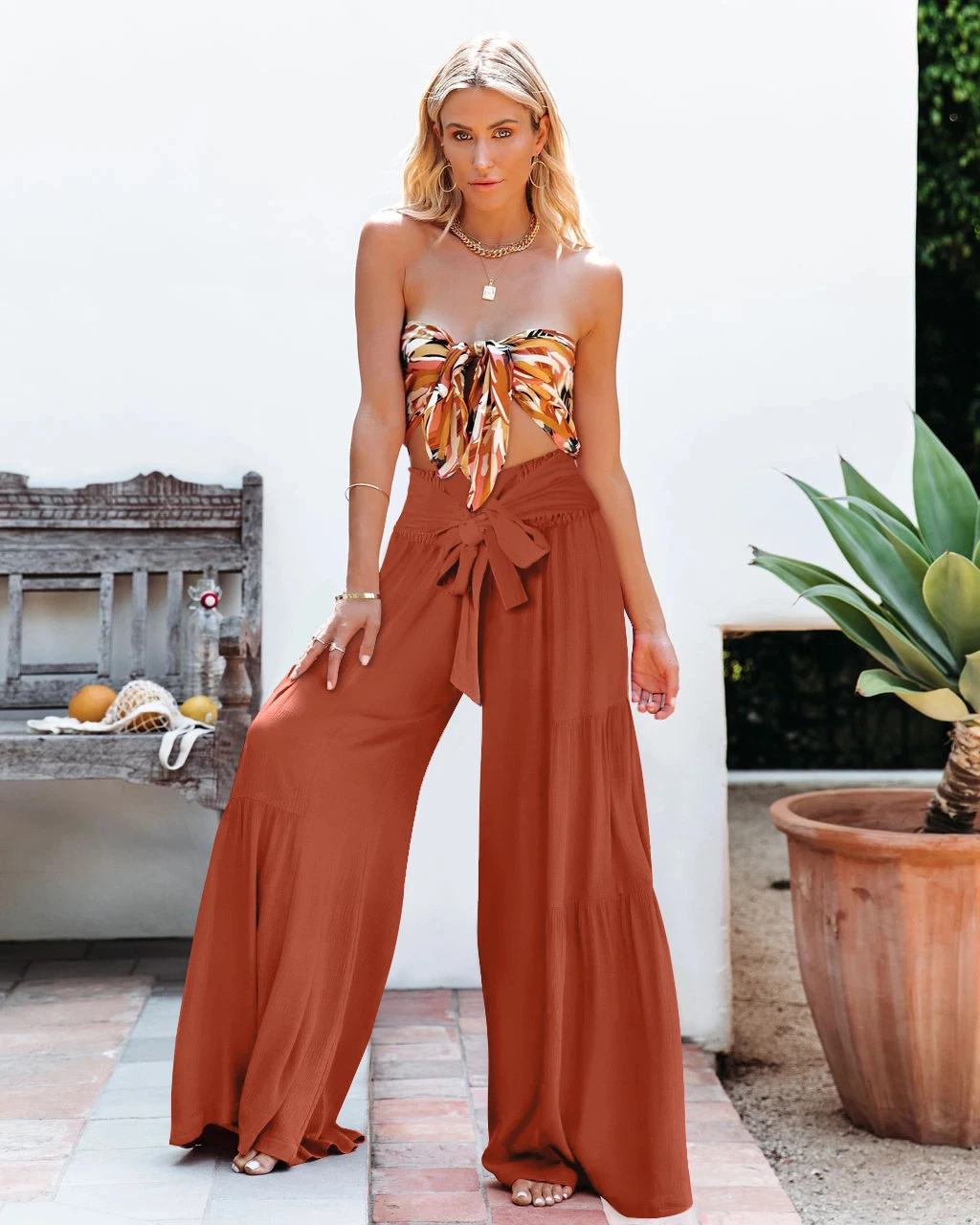 Fashion Strap Elastic Waist Pleated Wide Leg Pants Loose Pants