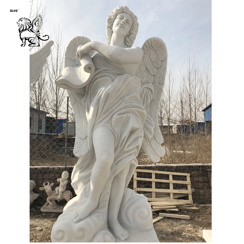 Religious Life Size Marble Stone Carving Angle with Book Statue Sculpture Mfsg-09