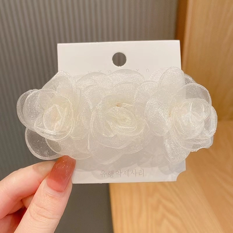 Super Gentle Spring Mesh Fabric White Flower Handmade Rose Hair Clip