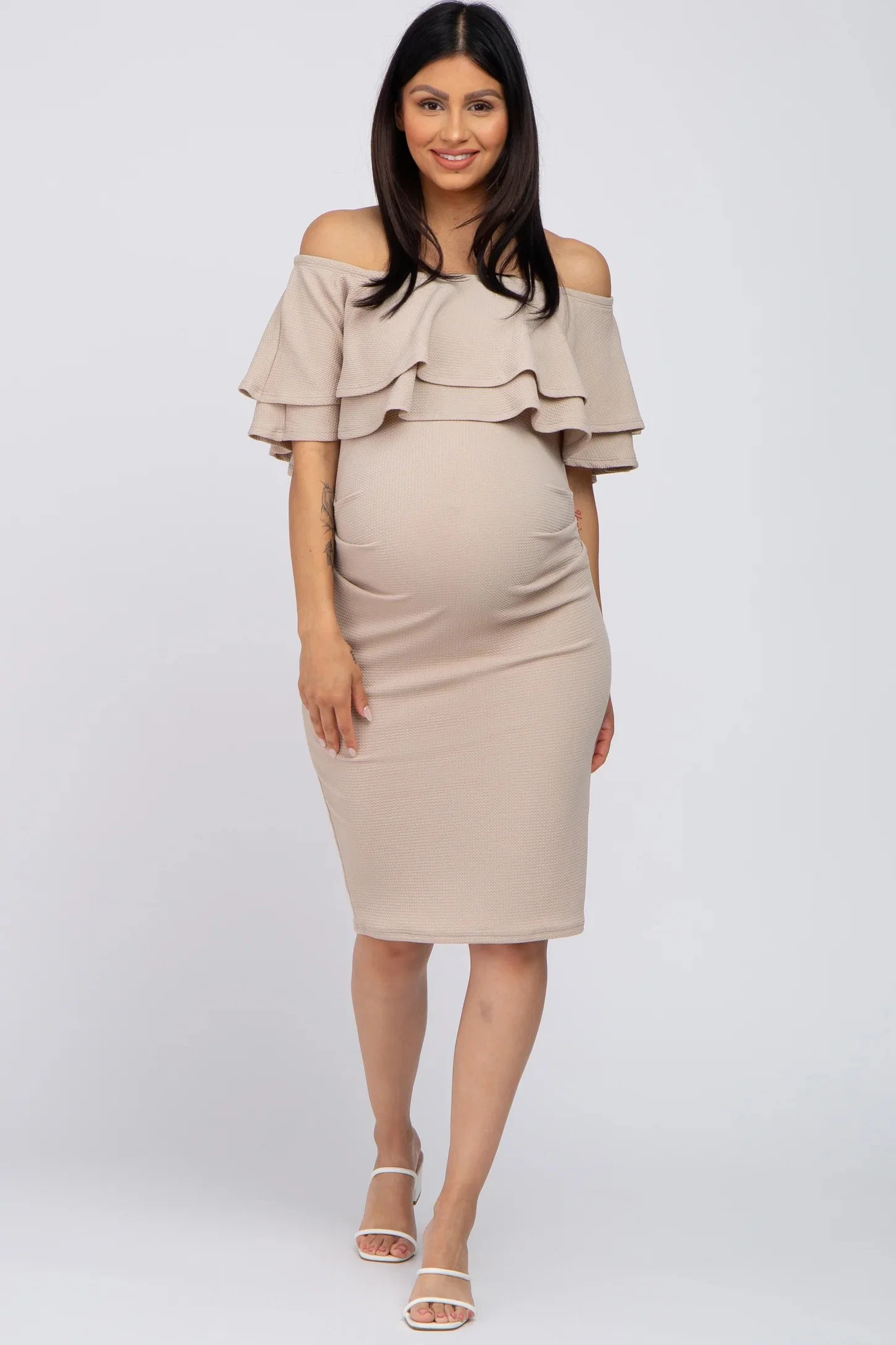 White off Shoulder Ruched Maternity Dress