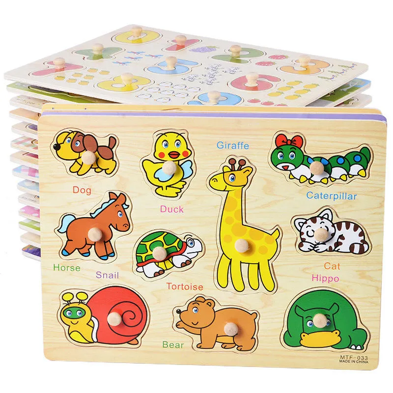 Montessori Puzzles Madeira Lado Grab Boards Brinquedos Puzzle Tangram bebê brinquedos educativos Cartoon Veículo frutos animais 3D puzzles