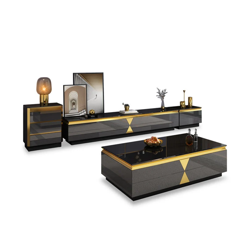 Modern Living Room Furniture Stainless Steel Mirror Glass Coffee Table and TV Stand Sets