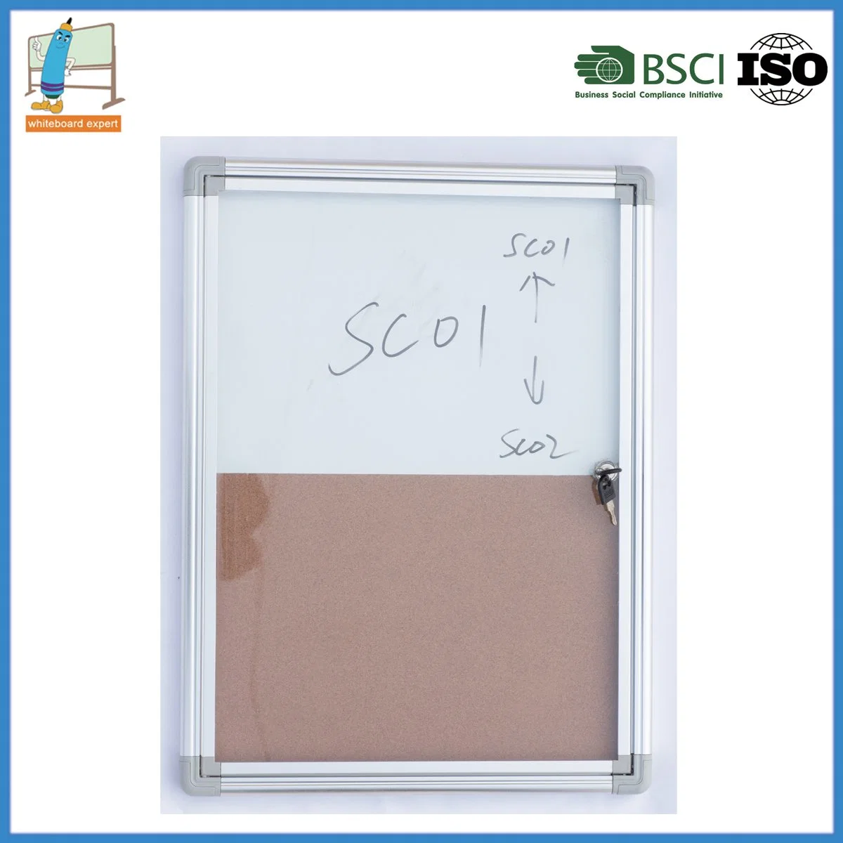 School Wall Mount Aluminum Frame Showcase Notice Pin Cork Board Enclosed Bulletin Board with Lockable Door