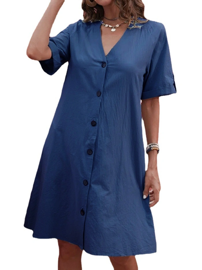 New Short-Sleeved V-Neck Single-Breasted Dress MID-Length Loose-Fitting Casual Solid Color A-Line Skirt