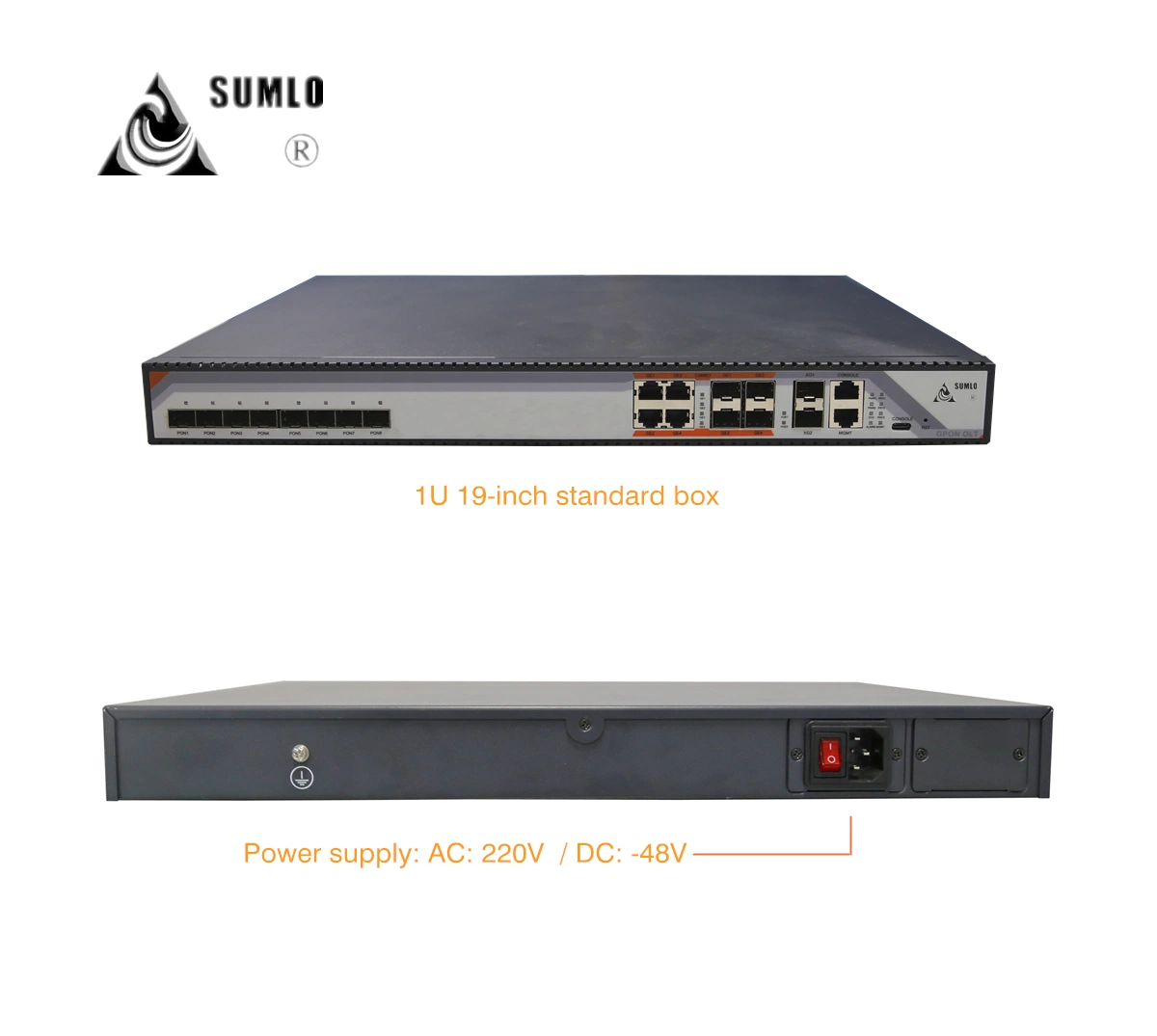 Gpon Olt Pon 8 puertos, 4 interfaces SFP, 4 puertos 10/100/1000m, 2 puertos Ethernet Gigabit de enlace ascendente de 10 Sep+ puertos, fuente de alimentación DC/AC